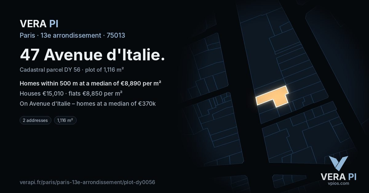 47 Avenue d'Italie, 13e arrondissement at night – the plot lit, the parcels around coloured by the prices near them