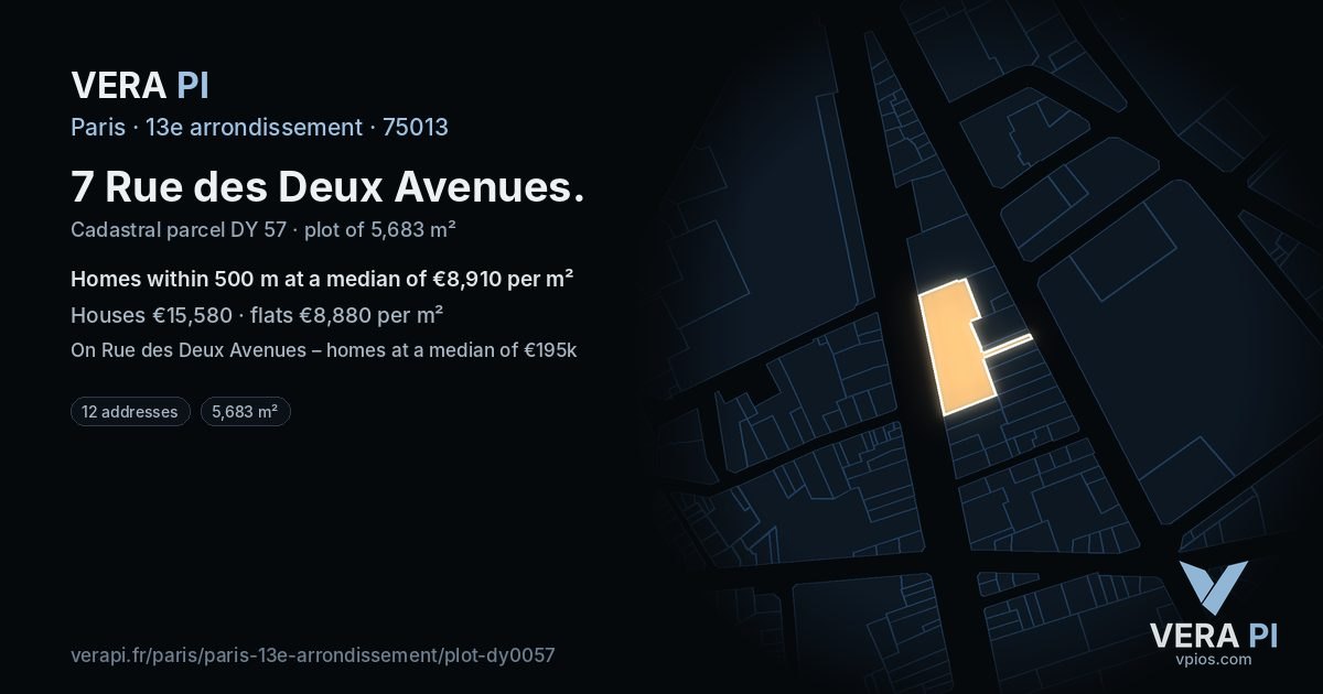 7 Rue des Deux Avenues, 13e arrondissement at night – the plot lit, the parcels around coloured by the prices near them