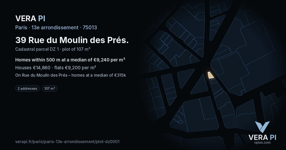 39 Rue du Moulin des Prés, 13e arrondissement at night – the plot lit, the parcels around coloured by the prices near them