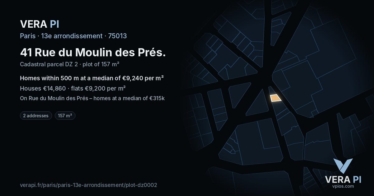 41 Rue du Moulin des Prés, 13e arrondissement at night – the plot lit, the parcels around coloured by the prices near them