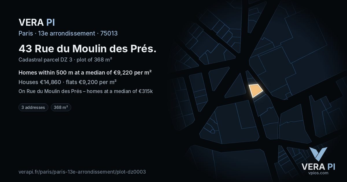 43 Rue du Moulin des Prés, 13e arrondissement at night – the plot lit, the parcels around coloured by the prices near them