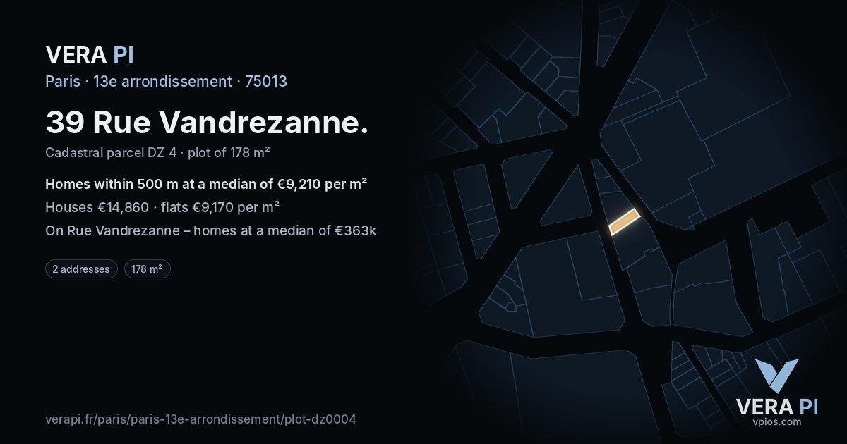 39 Rue Vandrezanne, 13e arrondissement at night – the plot lit, the parcels around coloured by the prices near them