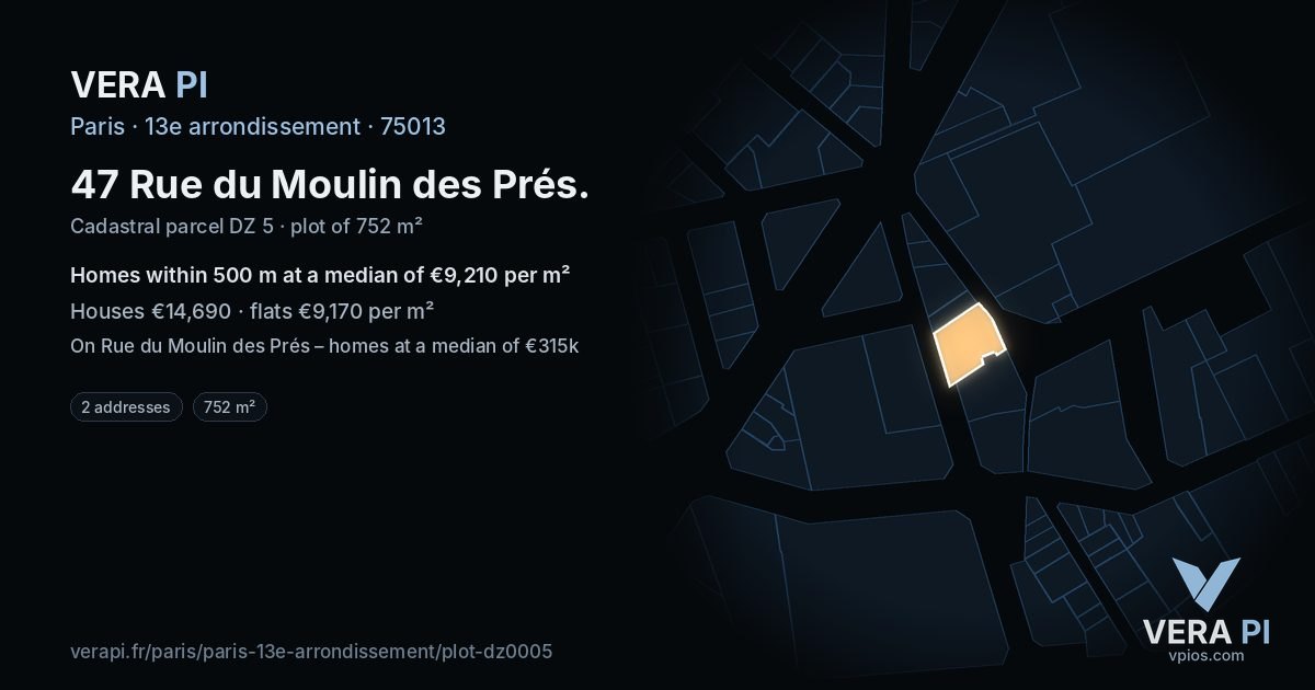 47 Rue du Moulin des Prés, 13e arrondissement at night – the plot lit, the parcels around coloured by the prices near them
