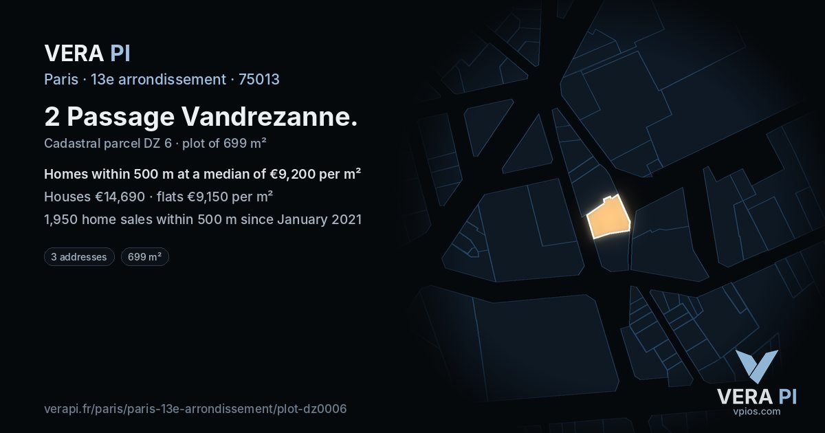 2 Passage Vandrezanne, 13e arrondissement at night – the plot lit, the parcels around coloured by the prices near them