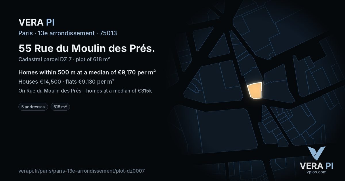 55 Rue du Moulin des Prés, 13e arrondissement at night – the plot lit, the parcels around coloured by the prices near them