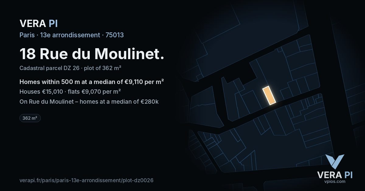 18 Rue du Moulinet, 13e arrondissement at night – the plot lit, the parcels around coloured by the prices near them