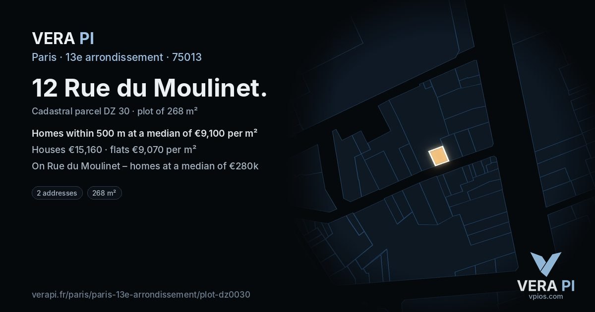 12 Rue du Moulinet, 13e arrondissement at night – the plot lit, the parcels around coloured by the prices near them