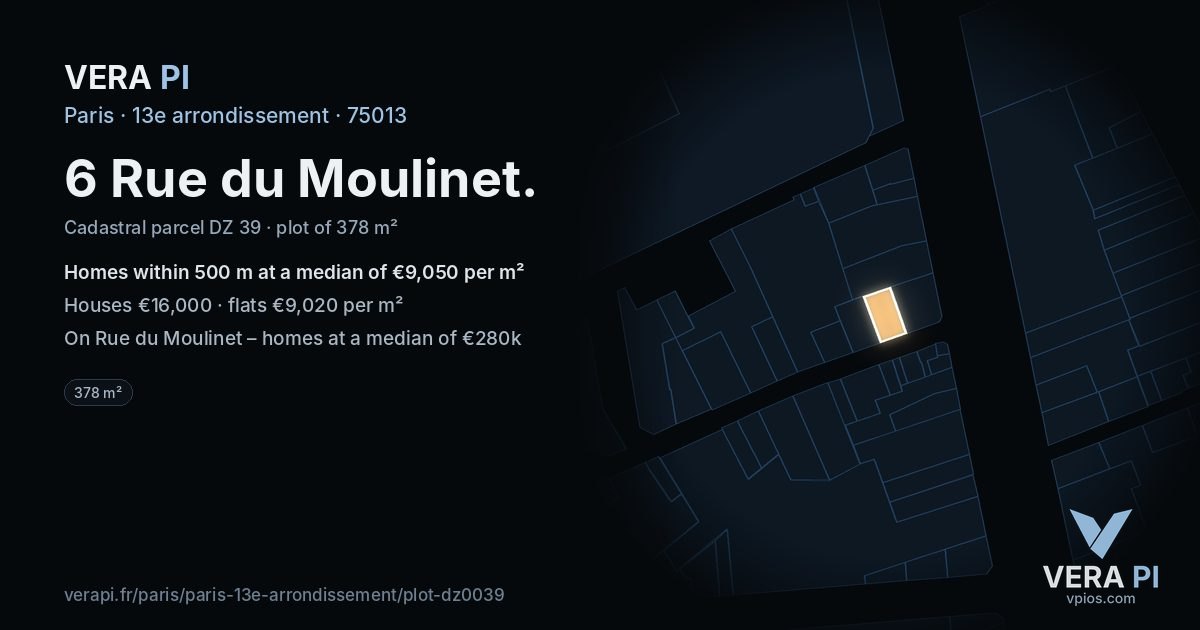 6 Rue du Moulinet, 13e arrondissement at night – the plot lit, the parcels around coloured by the prices near them