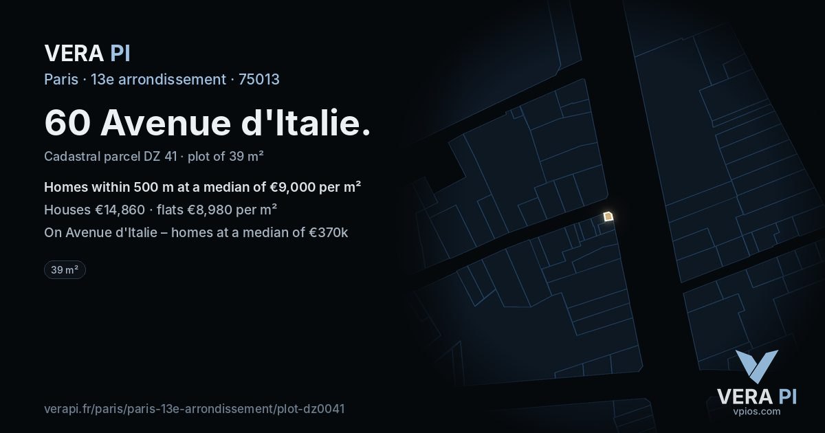 60 Avenue d'Italie, 13e arrondissement at night – the plot lit, the parcels around coloured by the prices near them