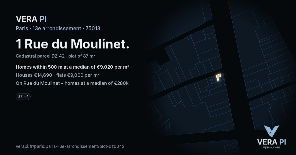 1 Rue du Moulinet, 13e arrondissement at night – the plot lit, the parcels around coloured by the prices near them