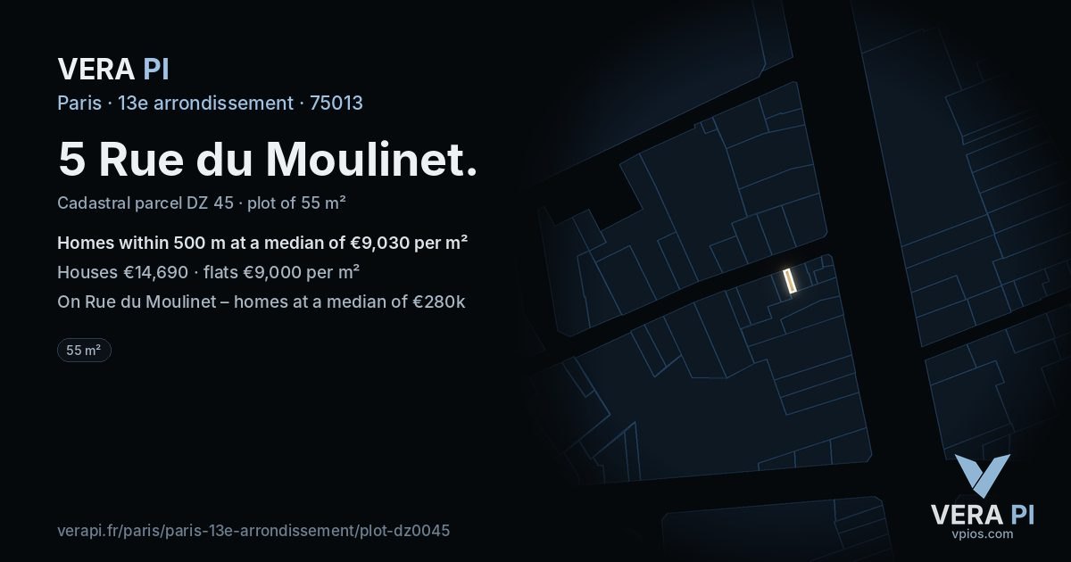 5 Rue du Moulinet, 13e arrondissement at night – the plot lit, the parcels around coloured by the prices near them