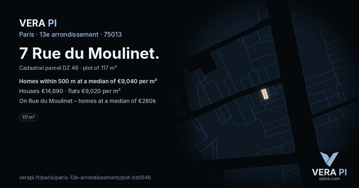 7 Rue du Moulinet, 13e arrondissement at night – the plot lit, the parcels around coloured by the prices near them