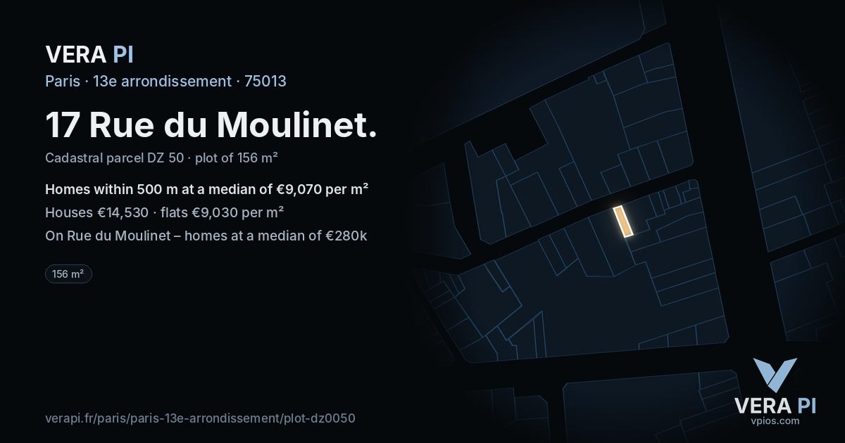 17 Rue du Moulinet, 13e arrondissement at night – the plot lit, the parcels around coloured by the prices near them