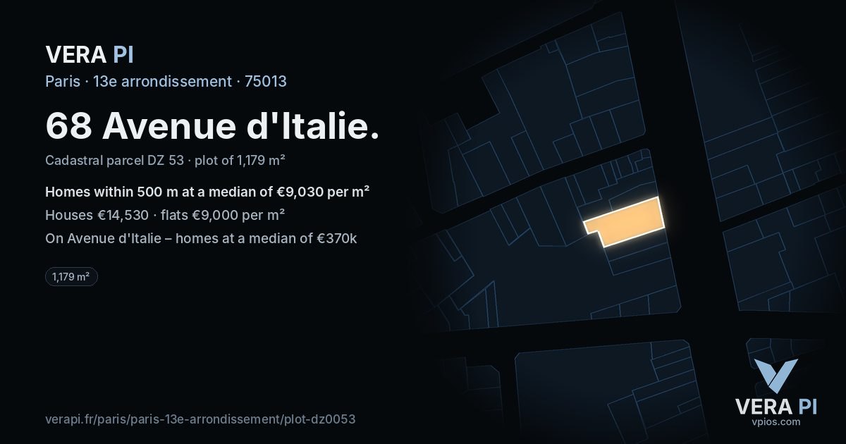 68 Avenue d'Italie, 13e arrondissement at night – the plot lit, the parcels around coloured by the prices near them