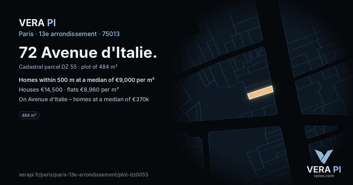 72 Avenue d'Italie, 13e arrondissement at night – the plot lit, the parcels around coloured by the prices near them