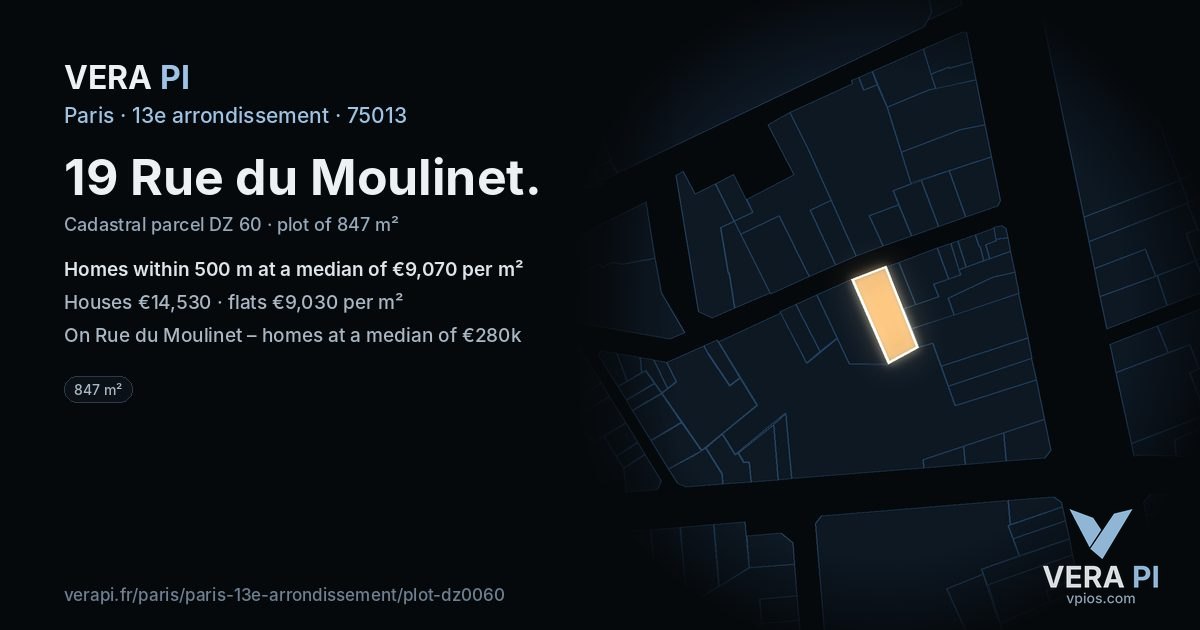 19 Rue du Moulinet, 13e arrondissement at night – the plot lit, the parcels around coloured by the prices near them