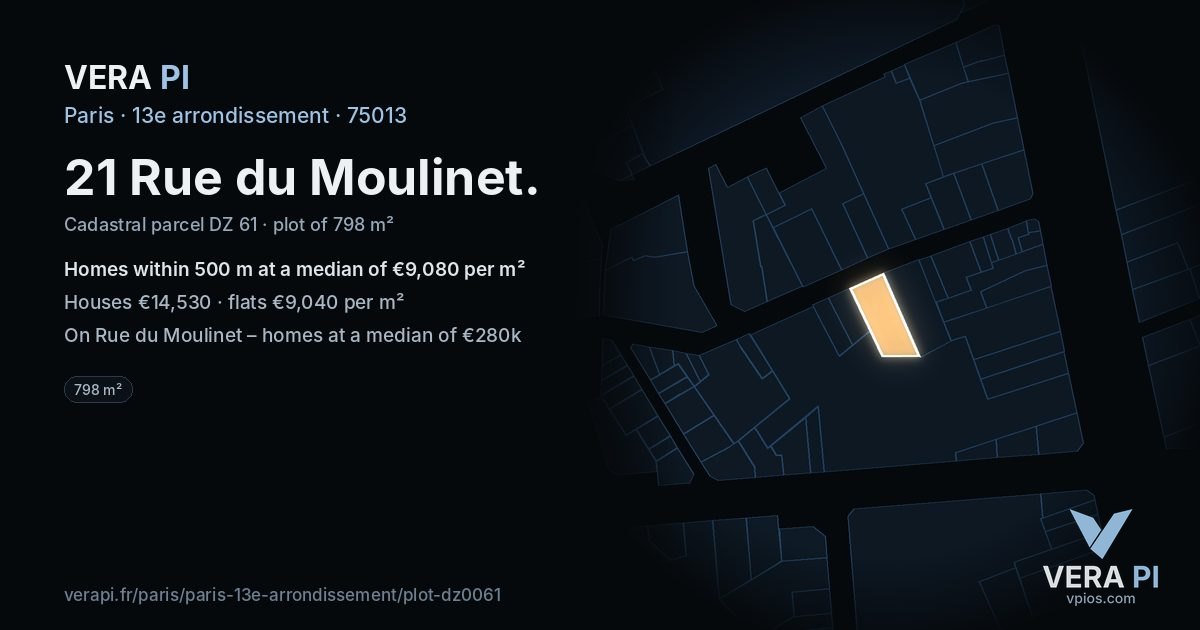 21 Rue du Moulinet, 13e arrondissement at night – the plot lit, the parcels around coloured by the prices near them