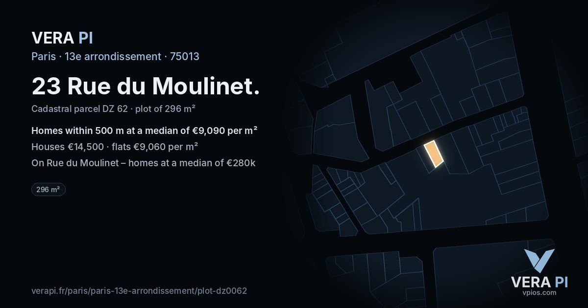 23 Rue du Moulinet, 13e arrondissement at night – the plot lit, the parcels around coloured by the prices near them