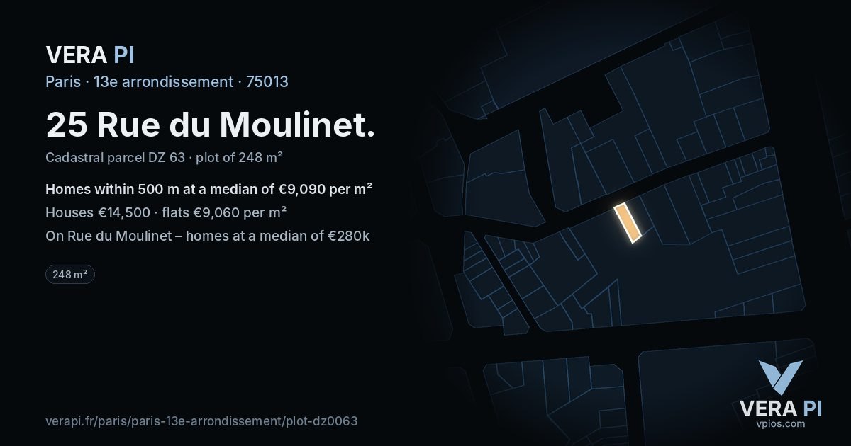 25 Rue du Moulinet, 13e arrondissement at night – the plot lit, the parcels around coloured by the prices near them