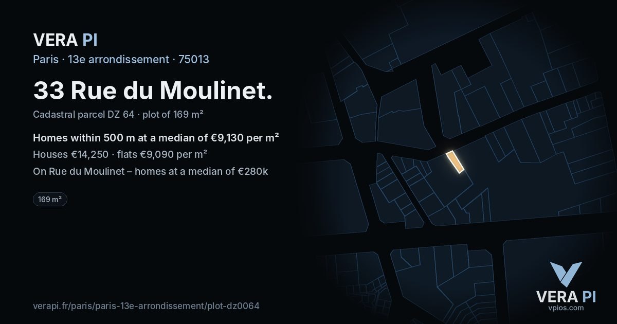 33 Rue du Moulinet, 13e arrondissement at night – the plot lit, the parcels around coloured by the prices near them