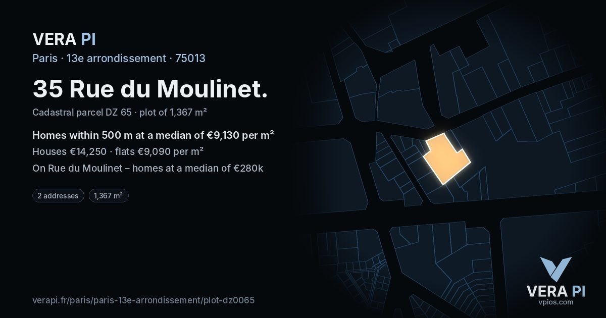 35 Rue du Moulinet, 13e arrondissement at night – the plot lit, the parcels around coloured by the prices near them