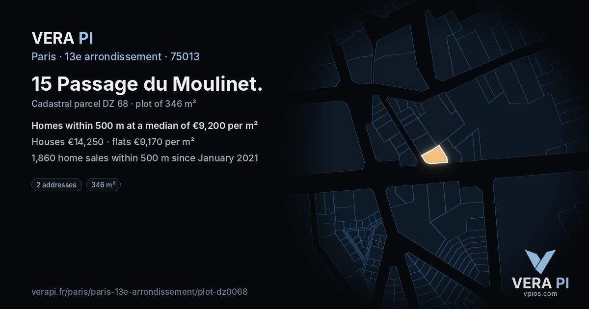 15 Passage du Moulinet, 13e arrondissement at night – the plot lit, the parcels around coloured by the prices near them