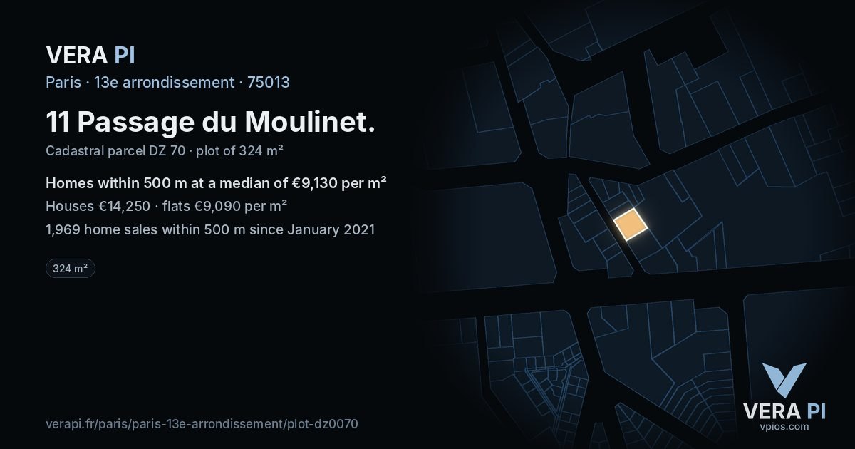 11 Passage du Moulinet, 13e arrondissement at night – the plot lit, the parcels around coloured by the prices near them