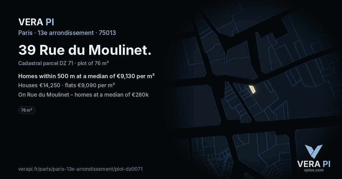 39 Rue du Moulinet, 13e arrondissement at night – the plot lit, the parcels around coloured by the prices near them