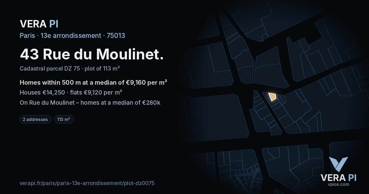 43 Rue du Moulinet, 13e arrondissement at night – the plot lit, the parcels around coloured by the prices near them