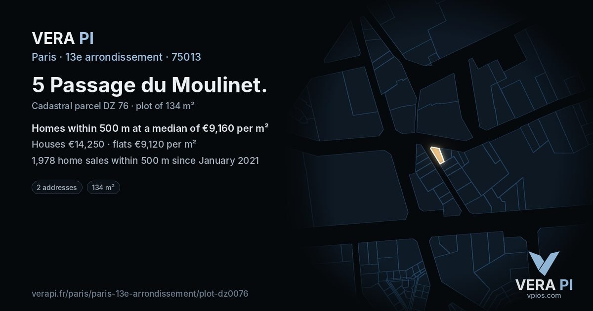 5 Passage du Moulinet, 13e arrondissement at night – the plot lit, the parcels around coloured by the prices near them