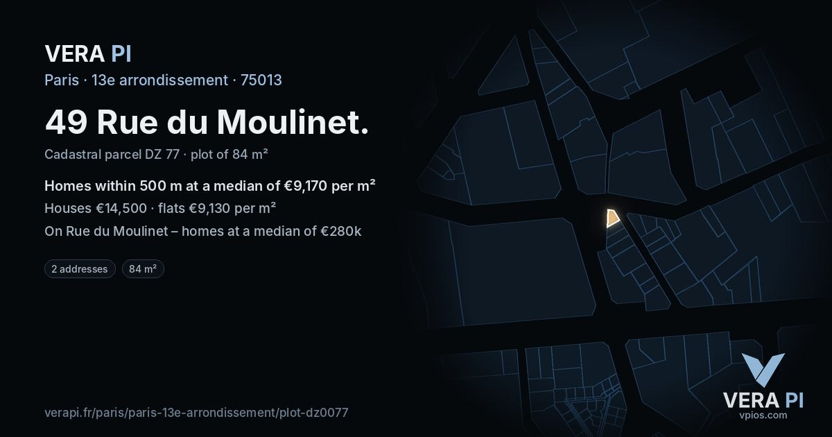 49 Rue du Moulinet, 13e arrondissement at night – the plot lit, the parcels around coloured by the prices near them