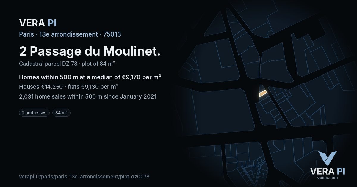 2 Passage du Moulinet, 13e arrondissement at night – the plot lit, the parcels around coloured by the prices near them