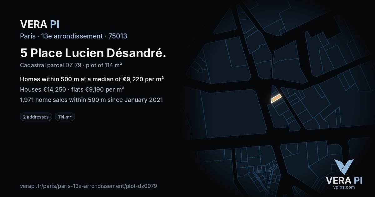 5 Place Lucien Désandré, 13e arrondissement at night – the plot lit, the parcels around coloured by the prices near them