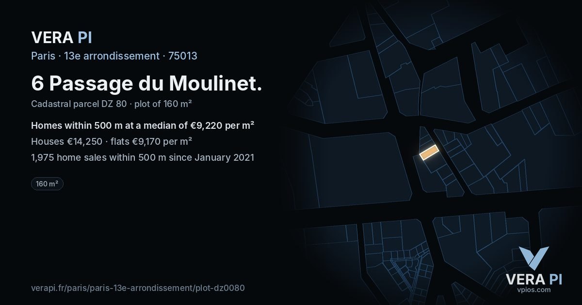 6 Passage du Moulinet, 13e arrondissement at night – the plot lit, the parcels around coloured by the prices near them