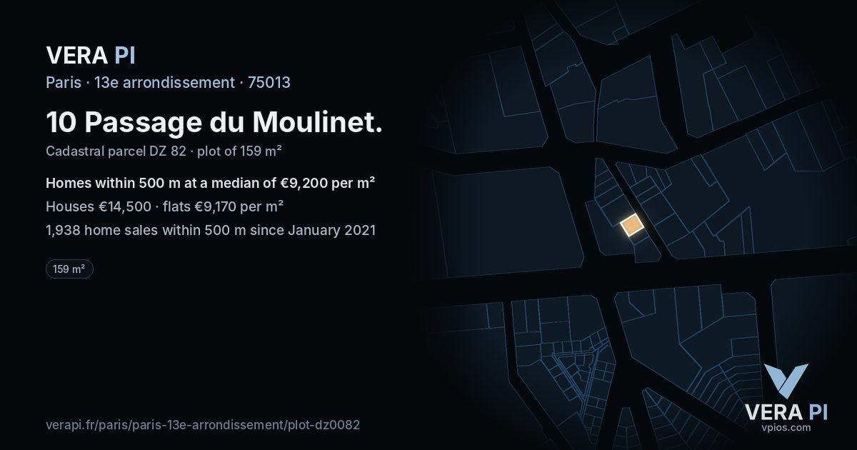 10 Passage du Moulinet, 13e arrondissement at night – the plot lit, the parcels around coloured by the prices near them