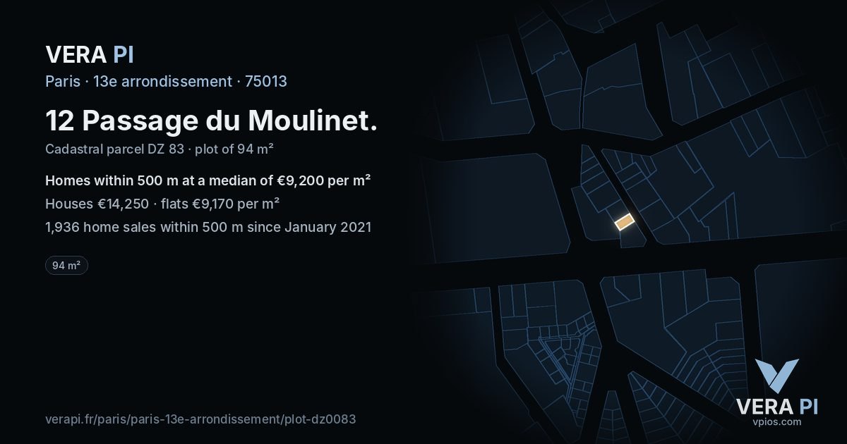 12 Passage du Moulinet, 13e arrondissement at night – the plot lit, the parcels around coloured by the prices near them