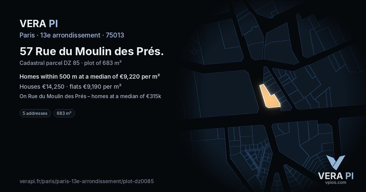 57 Rue du Moulin des Prés, 13e arrondissement at night – the plot lit, the parcels around coloured by the prices near them
