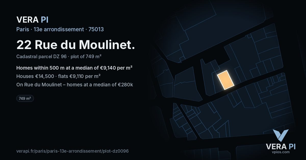 22 Rue du Moulinet, 13e arrondissement at night – the plot lit, the parcels around coloured by the prices near them