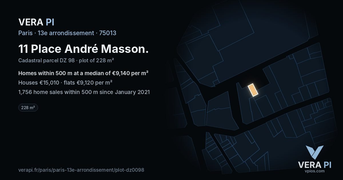11 Place André Masson, 13e arrondissement at night – the plot lit, the parcels around coloured by the prices near them