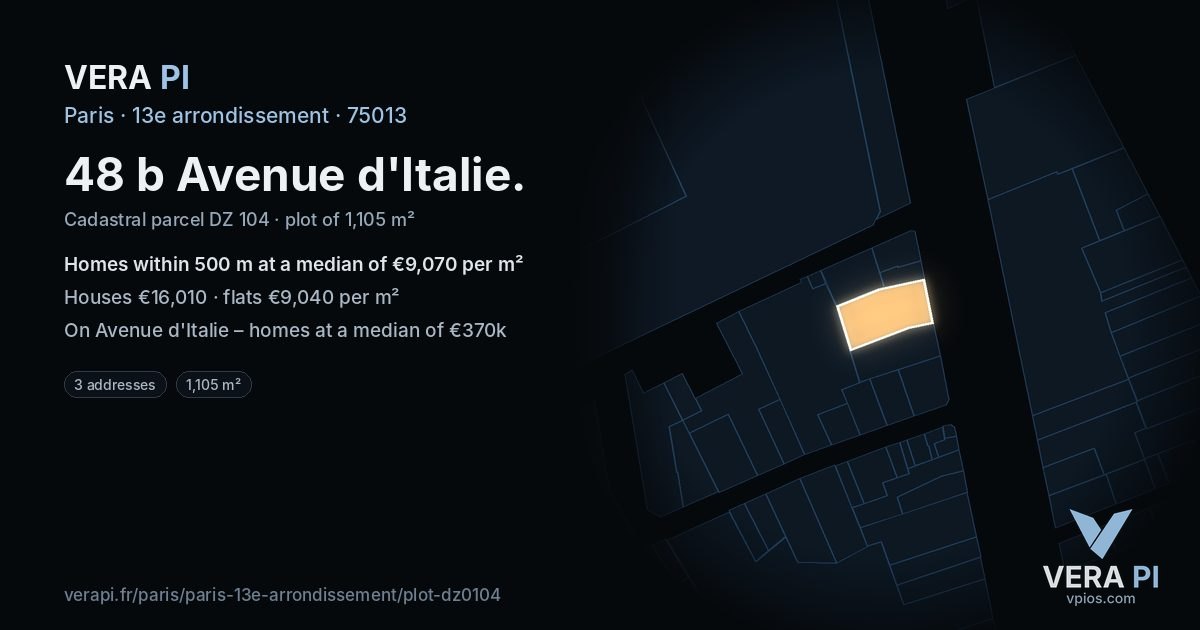 48 b Avenue d'Italie, 13e arrondissement at night – the plot lit, the parcels around coloured by the prices near them