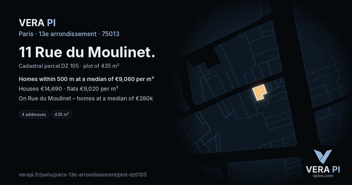 11 Rue du Moulinet, 13e arrondissement at night – the plot lit, the parcels around coloured by the prices near them