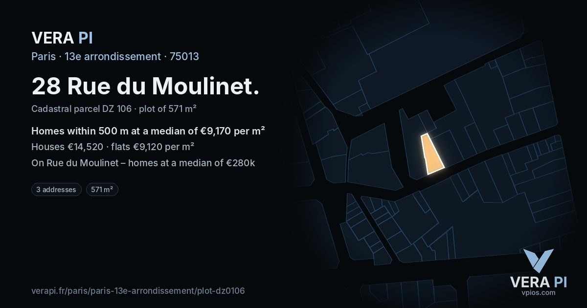 28 Rue du Moulinet, 13e arrondissement at night – the plot lit, the parcels around coloured by the prices near them