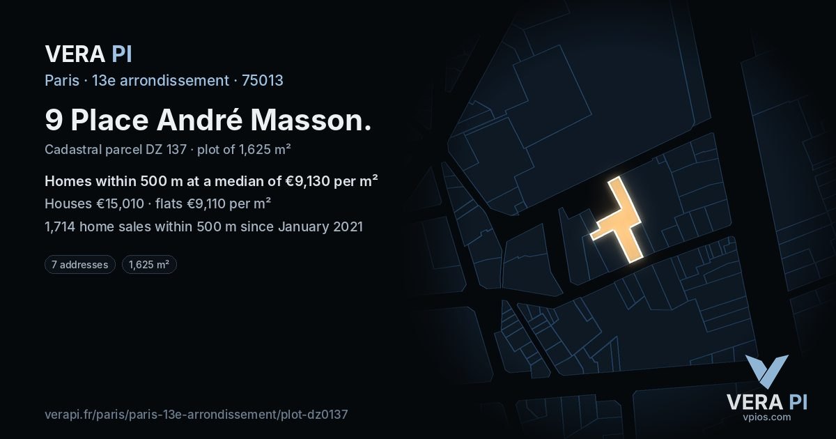 9 Place André Masson, 13e arrondissement at night – the plot lit, the parcels around coloured by the prices near them