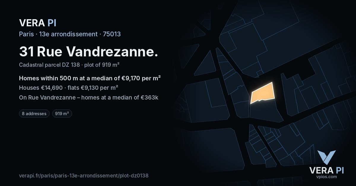 31 Rue Vandrezanne, 13e arrondissement at night – the plot lit, the parcels around coloured by the prices near them