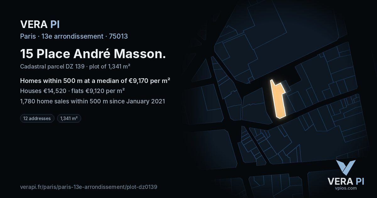 15 Place André Masson, 13e arrondissement at night – the plot lit, the parcels around coloured by the prices near them