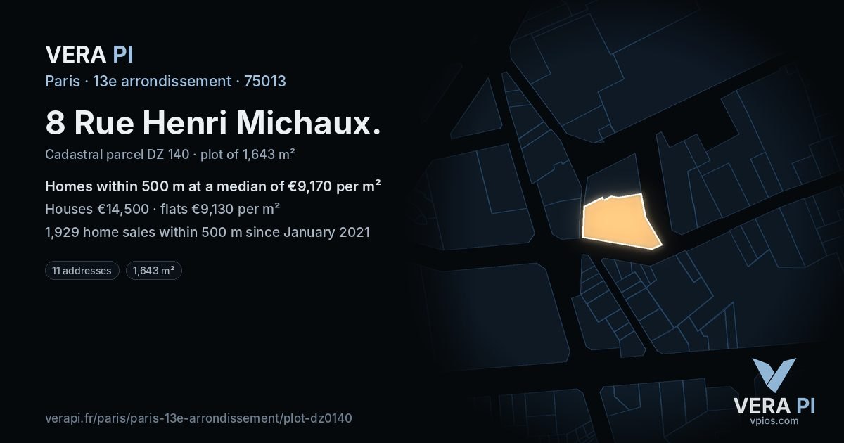 8 Rue Henri Michaux, 13e arrondissement at night – the plot lit, the parcels around coloured by the prices near them