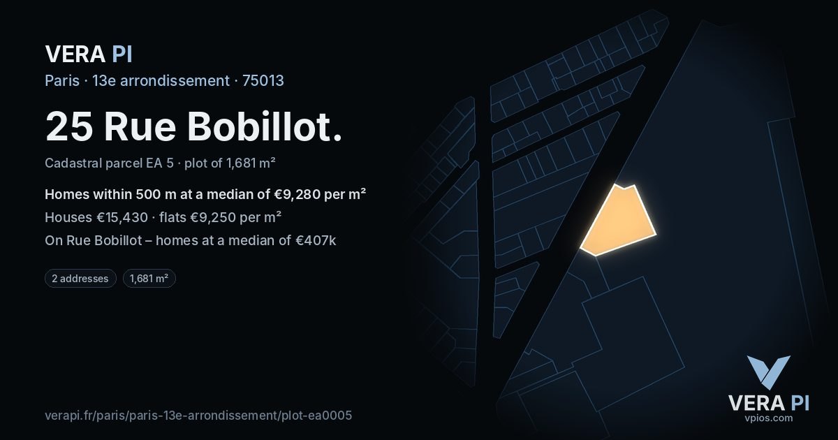 25 Rue Bobillot, 13e arrondissement at night – the plot lit, the parcels around coloured by the prices near them