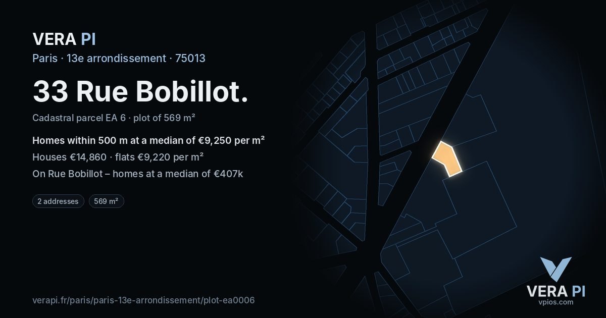 33 Rue Bobillot, 13e arrondissement at night – the plot lit, the parcels around coloured by the prices near them