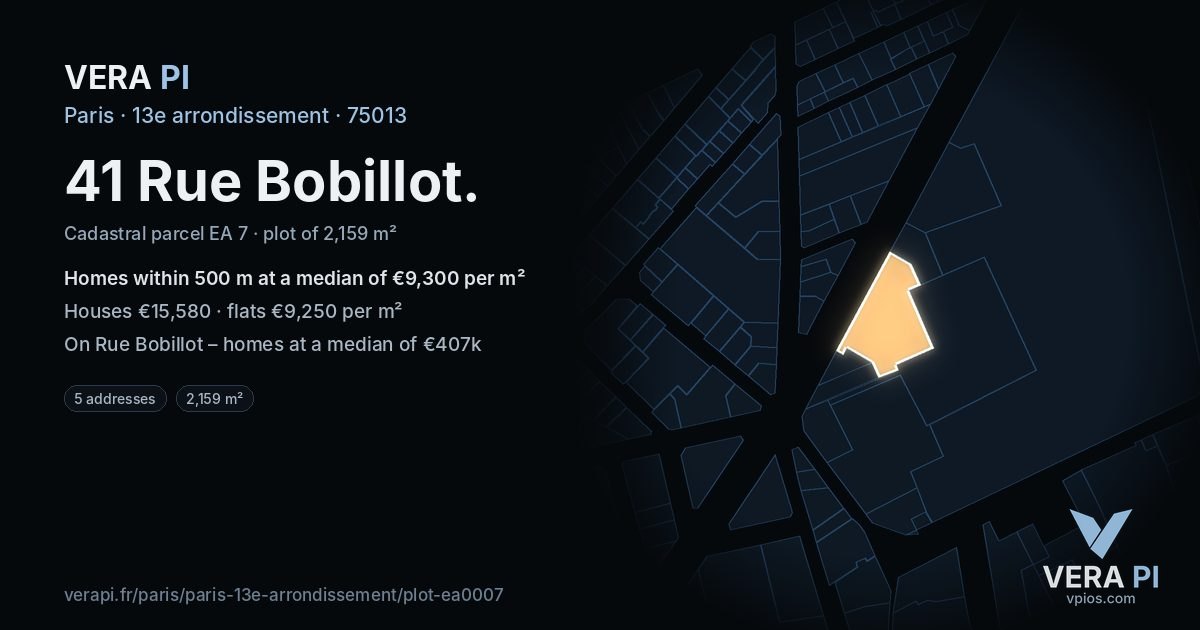 41 Rue Bobillot, 13e arrondissement at night – the plot lit, the parcels around coloured by the prices near them