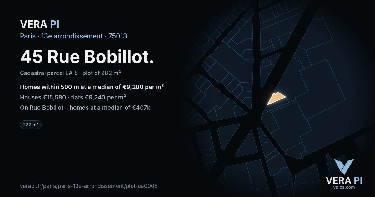 45 Rue Bobillot, 13e arrondissement at night – the plot lit, the parcels around coloured by the prices near them